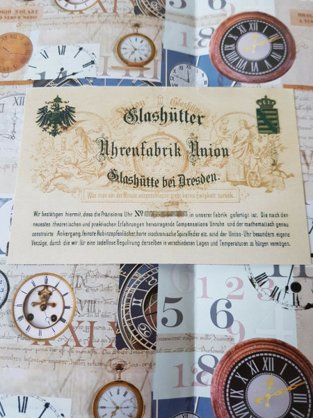 Glashütter Uhrenfabrik Union Garantiekarte Replikat