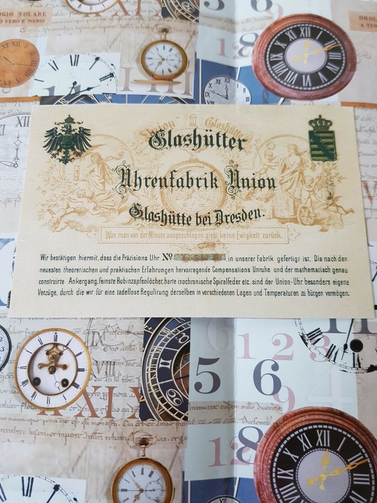 Glashütter Uhrenfabrik Union Garantiekarte Replikat Lange & Söhne