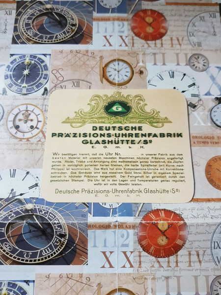 Deutsche Präzisions-Uhrenfabrik Glashütte Garantiekarte Replikat